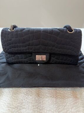 Authentic Chanel 2.55 East West Black Chain Shoulder Bag Cotton/Jersey